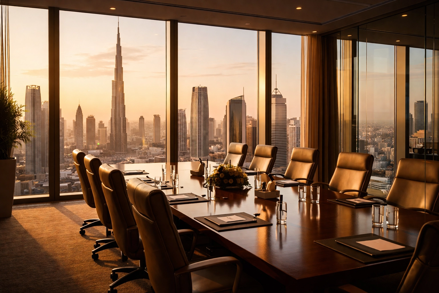 Luxurious Dubai boardroom with city skyline view, representing GCC investment opportunities and business growth capital.