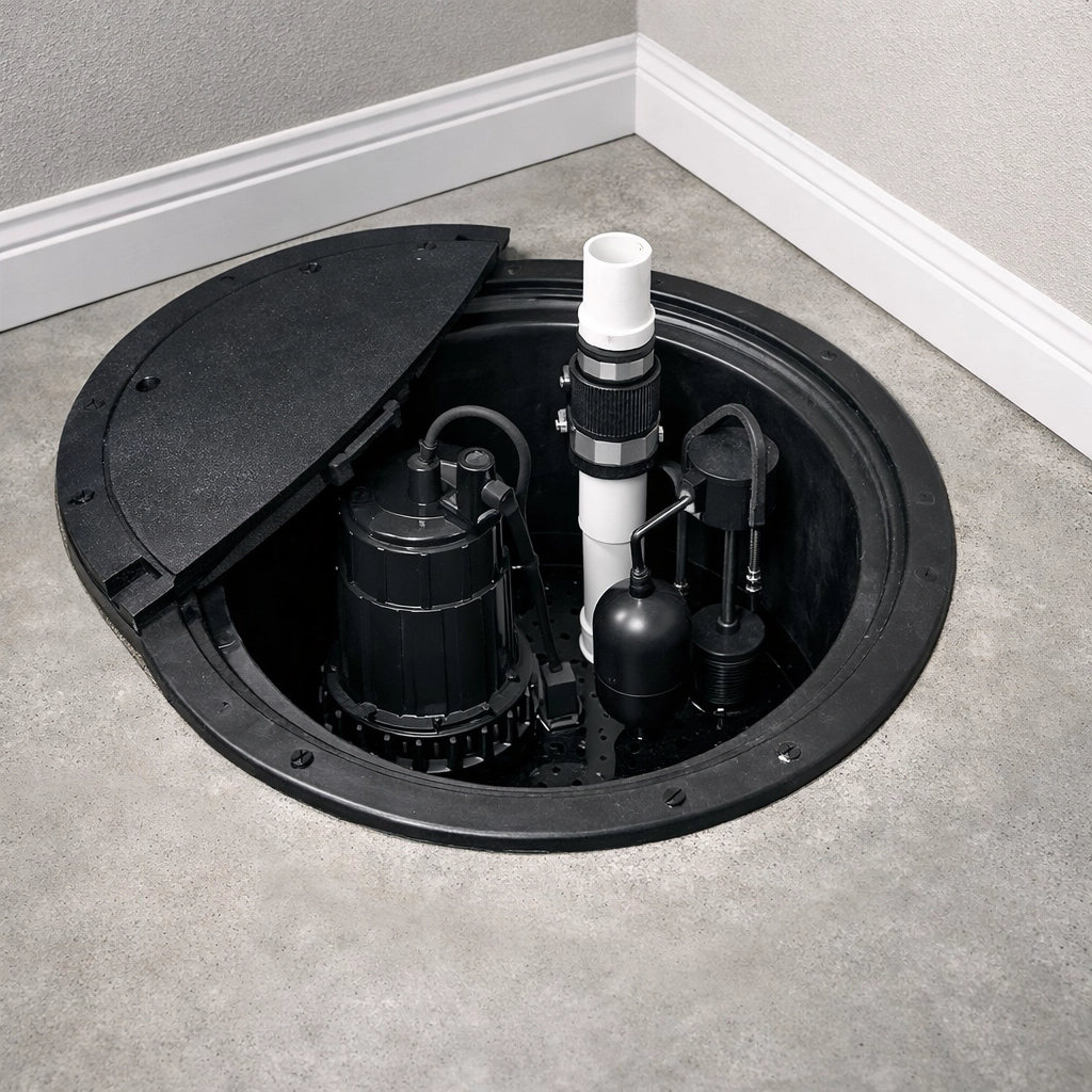 A professionally installed sump pump system in an Edmonton basement floor shown during a home inspection walkthrough.