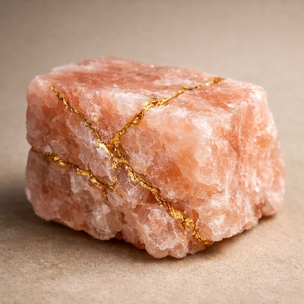 Macro photo of pink salt with gold veins representing the physical nervous system as a biological receiver.