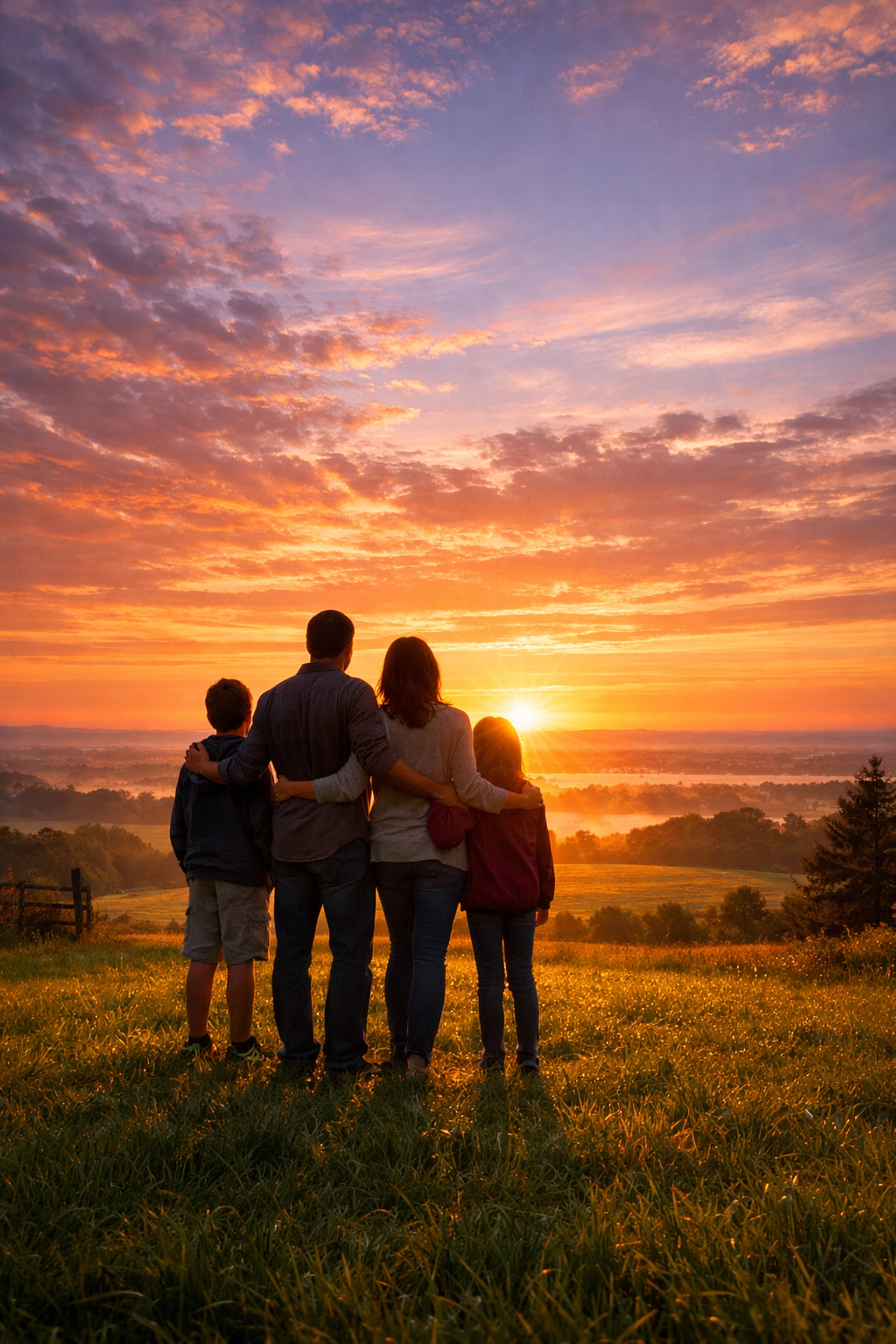 A family looking toward a sunrise in New Jersey, symbolizing hope and rebuilding with confidence.