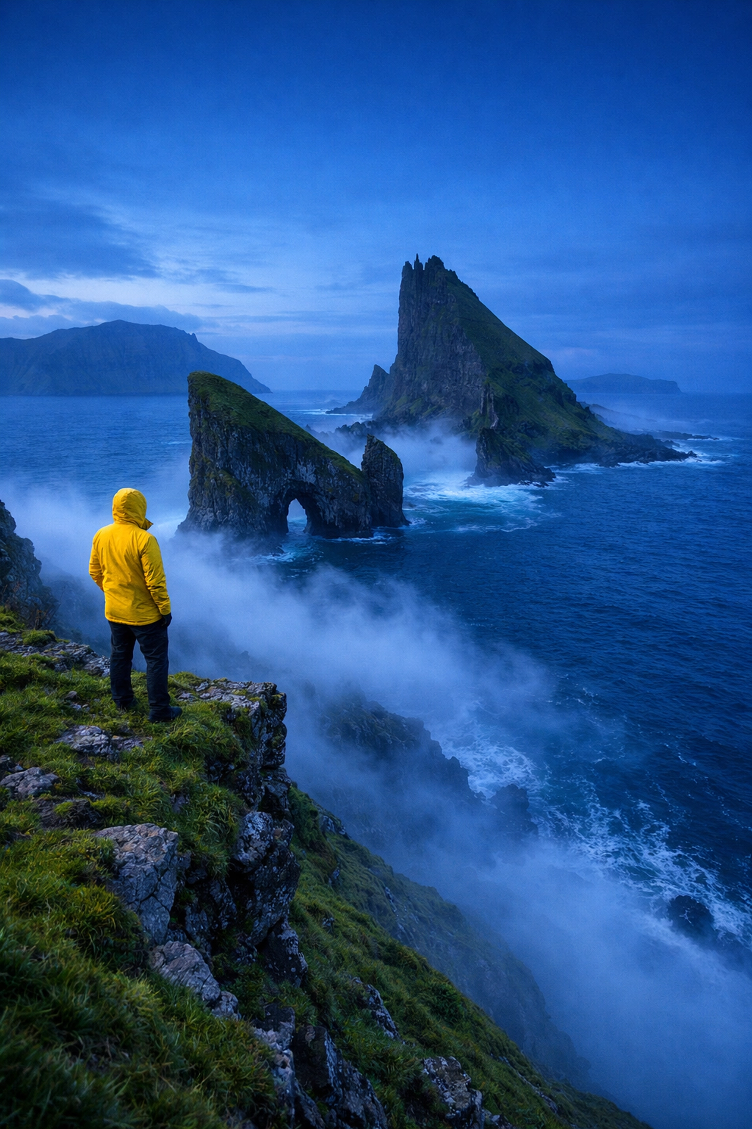 A traveler on a Faroe Islands cliff, illustrating unique perspectives in storytelling travel photography.