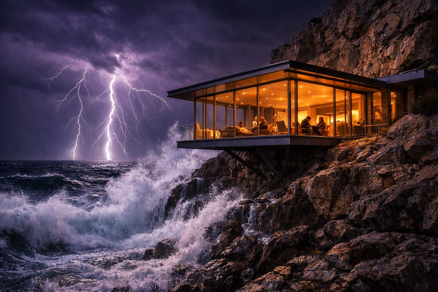 Modern villa steady during a storm, representing risk mitigation wealth solutions against extreme market volatility.