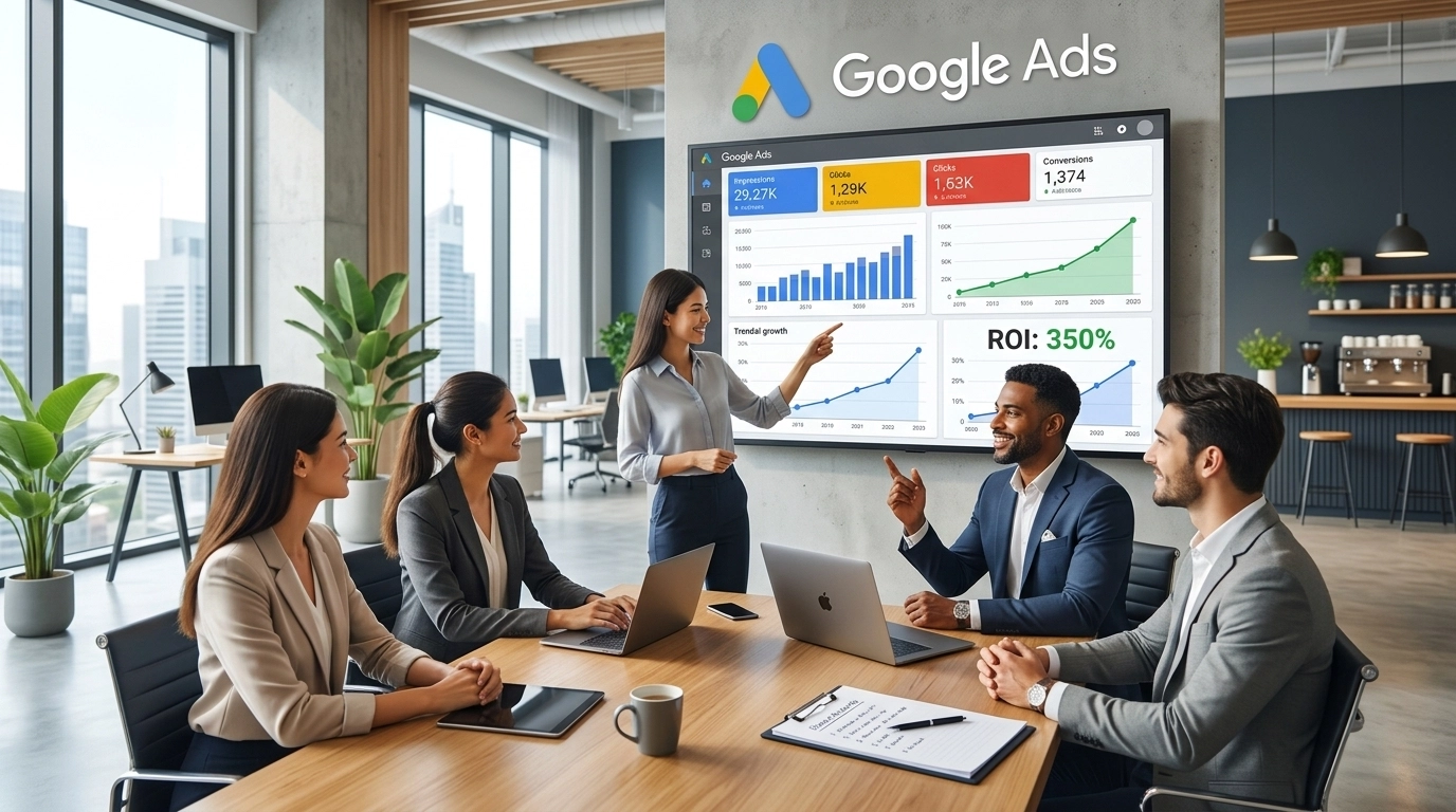 Maximize Your ROI with a Google Partner 13 A professional marketing team reviewing successful Google Ads data in a modern office