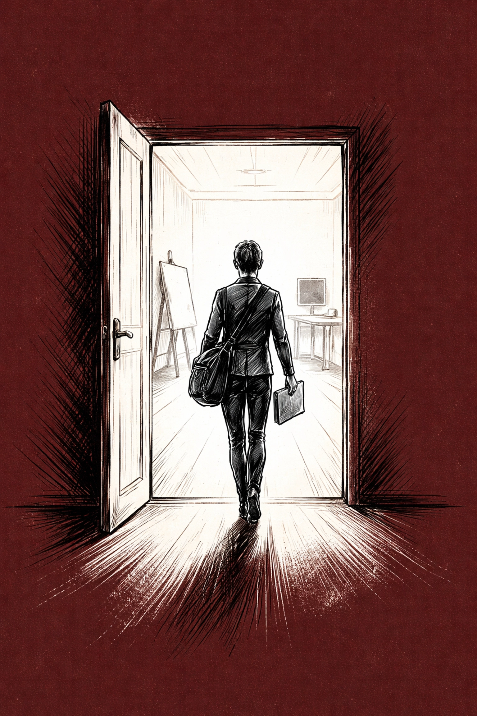 Sketch of a creator confidently entering a brightly lit studio, symbolizing new career opportunities and professional growth.