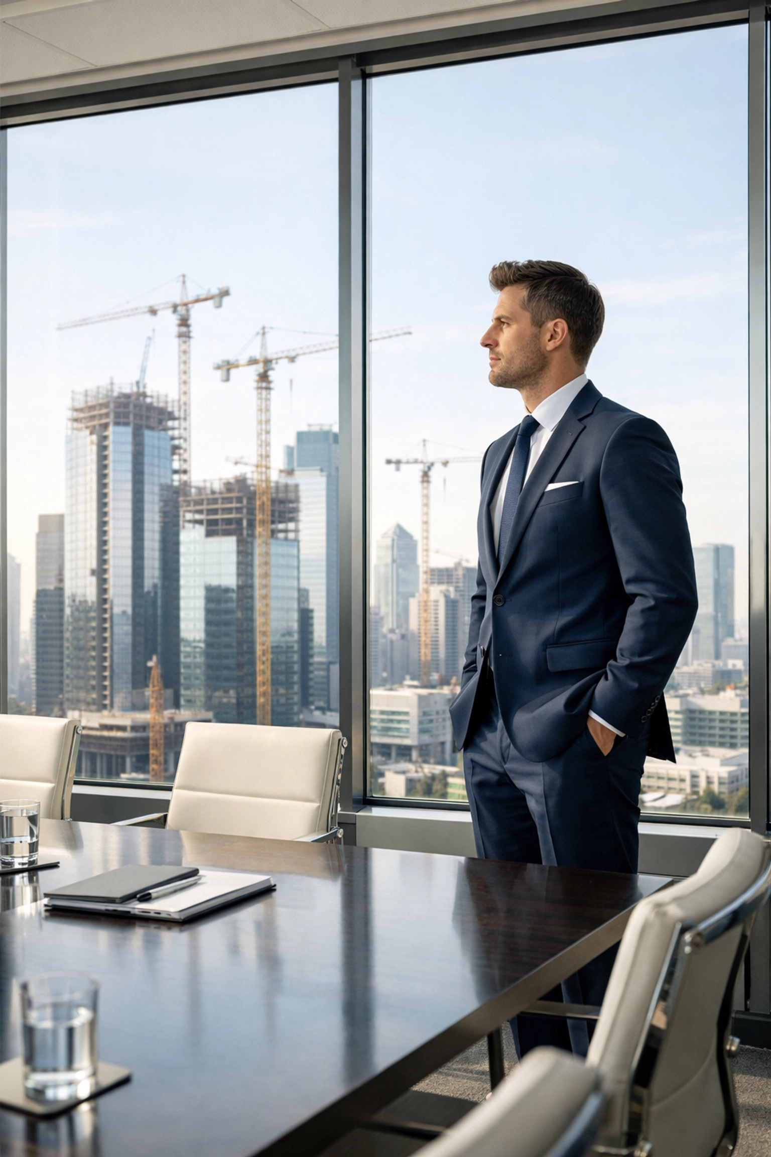 A professional development manager overlooking a city skyline with construction cranes.