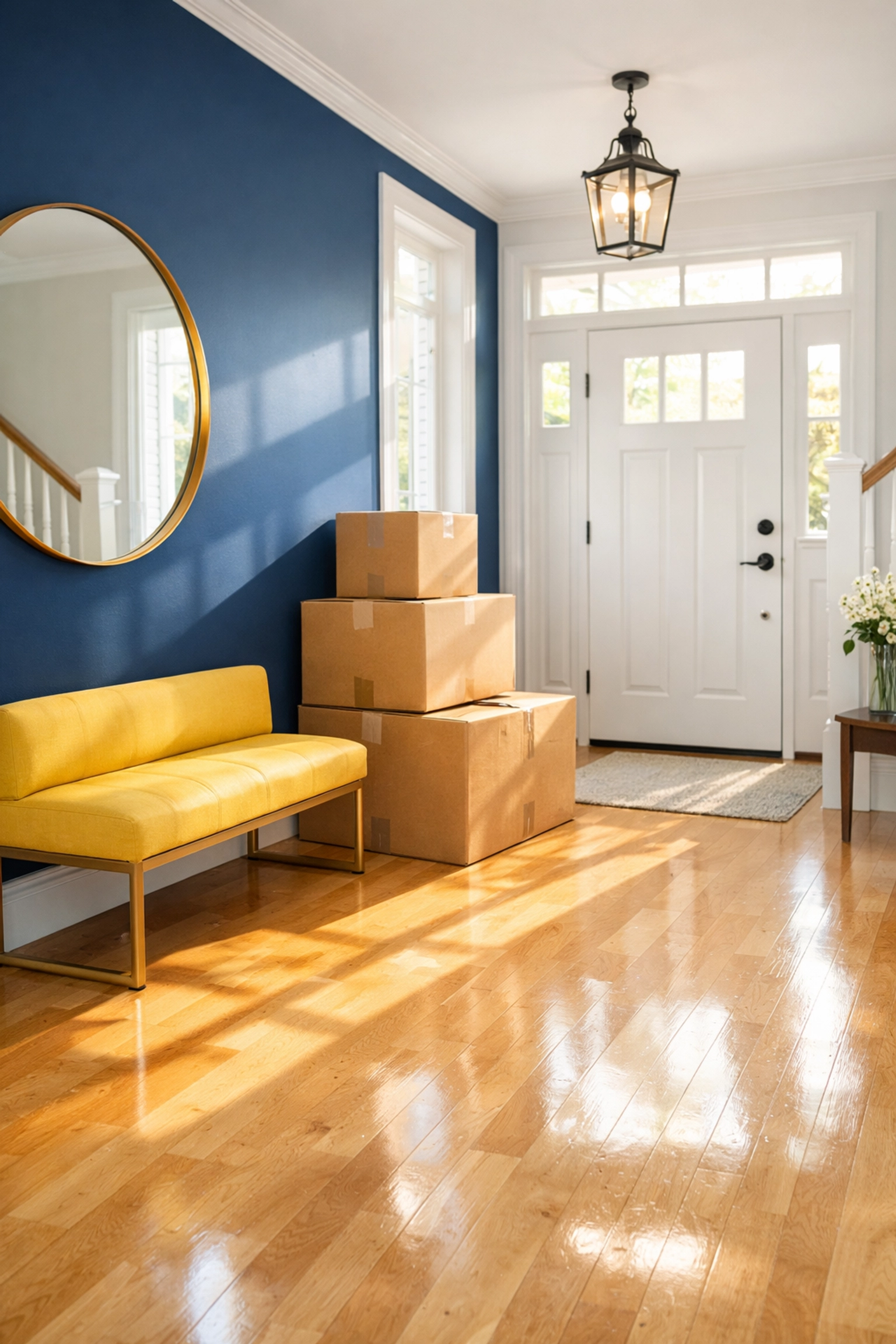 Polished hardwood floors in a clean entryway, prepared by a professional move-in cleaning service.