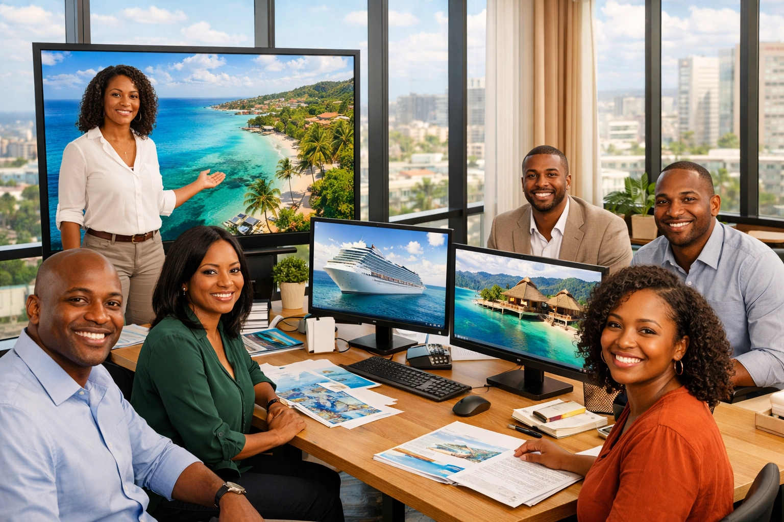 Professional travel planners in an office using the Personal Travel Planner Framework to scale a six figure business.