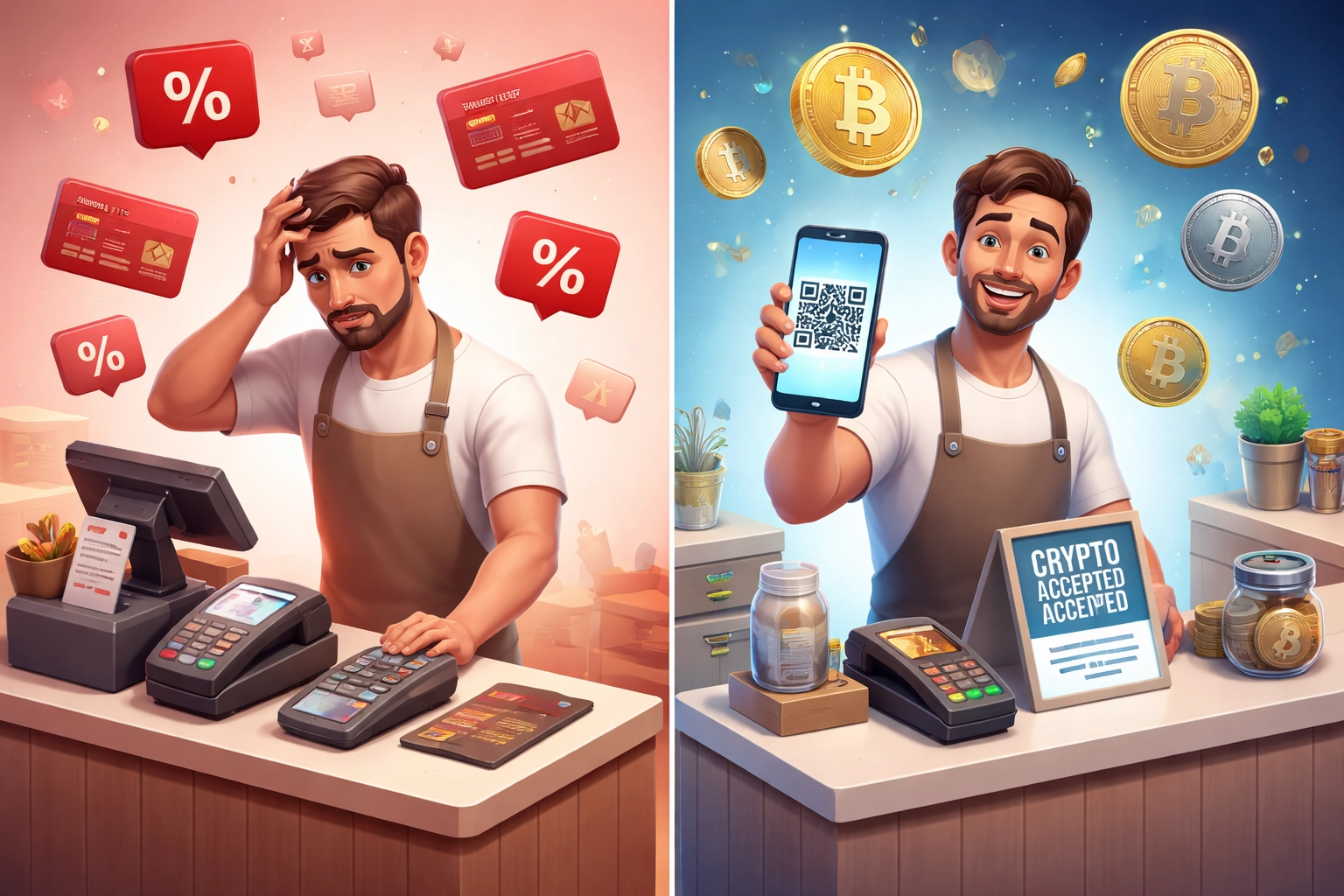 Comparison of traditional vs crypto payments at a retail counter, highlighting lower fees and convenience