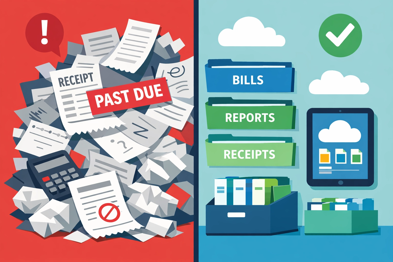 Comparison showing disorganized tax receipts versus organized tax record filing system