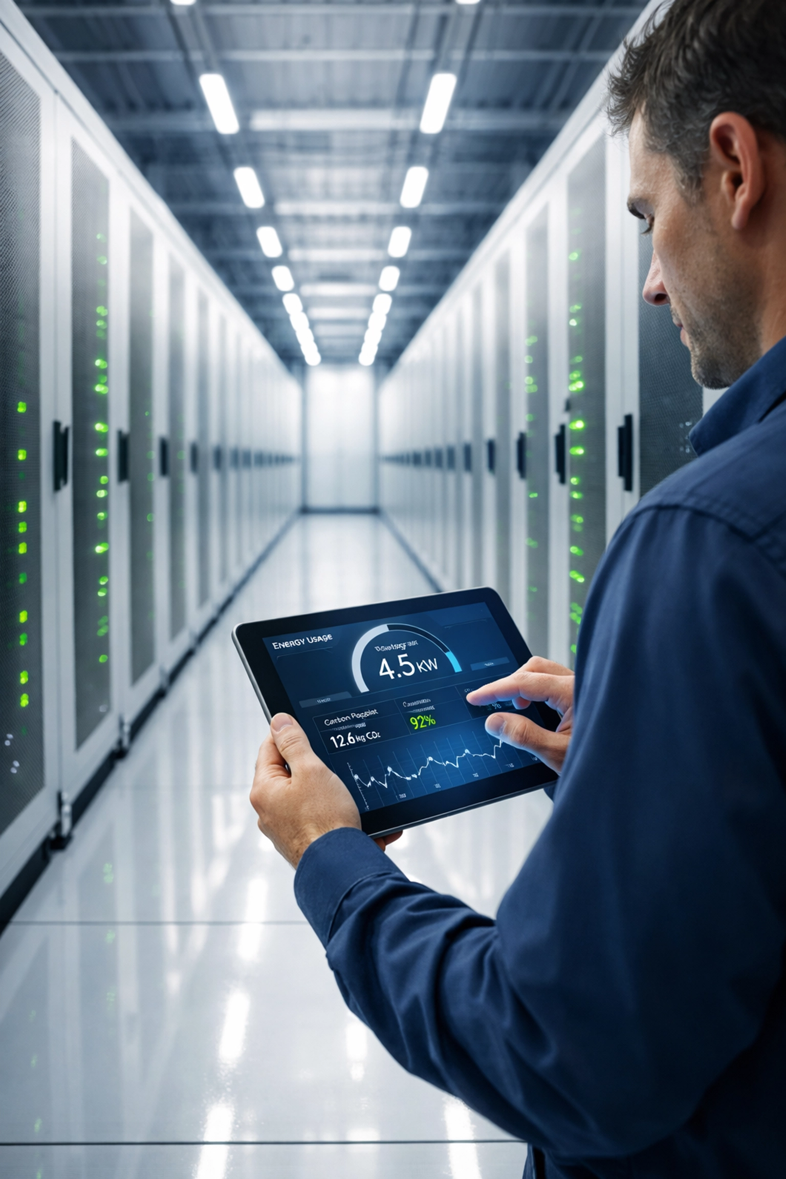 Technician monitoring data center metrics for ESG and ITOM compliance using ServiceNow.