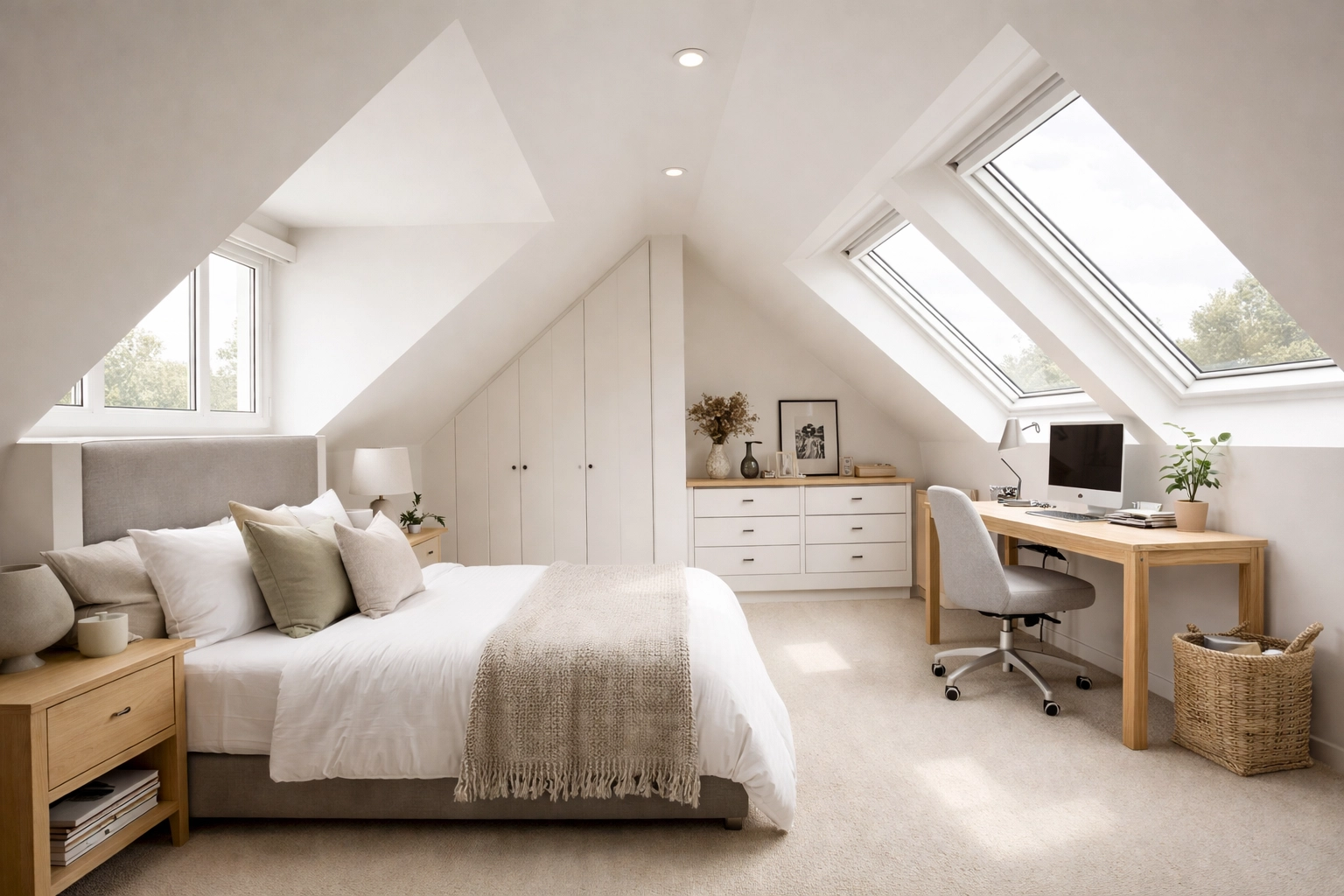 Completed loft conversion in Epping home with Velux windows and built-in storage under eaves
