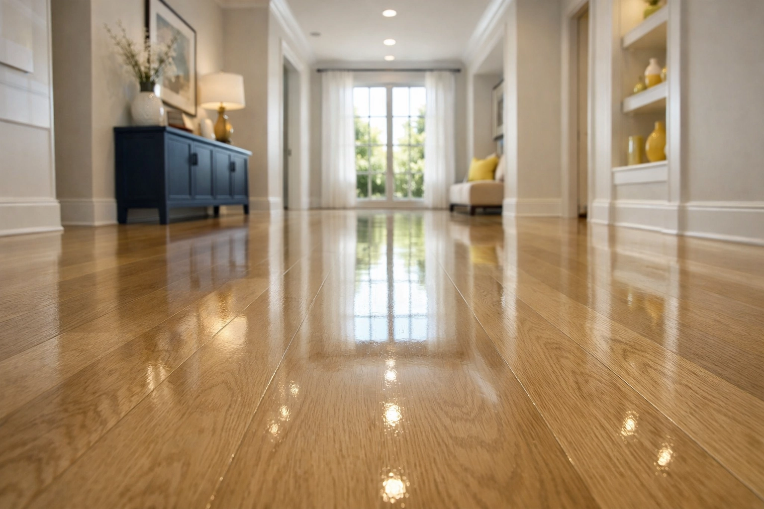 Professional post-construction final buff on light hardwood floors in a modern luxury home hallway.