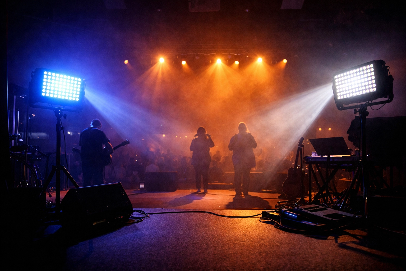 Three-zone LED lighting setup on worship platform with backlight and side fill creating depth
