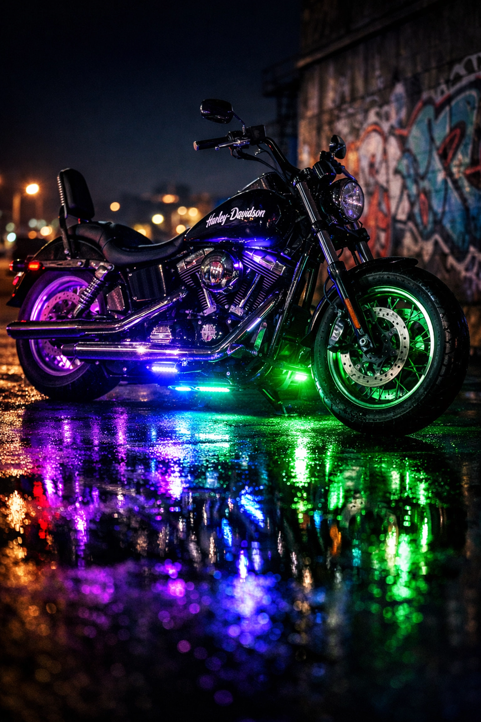 Custom Harley Davidson motorcycle with multicolor LED underglow lighting at night