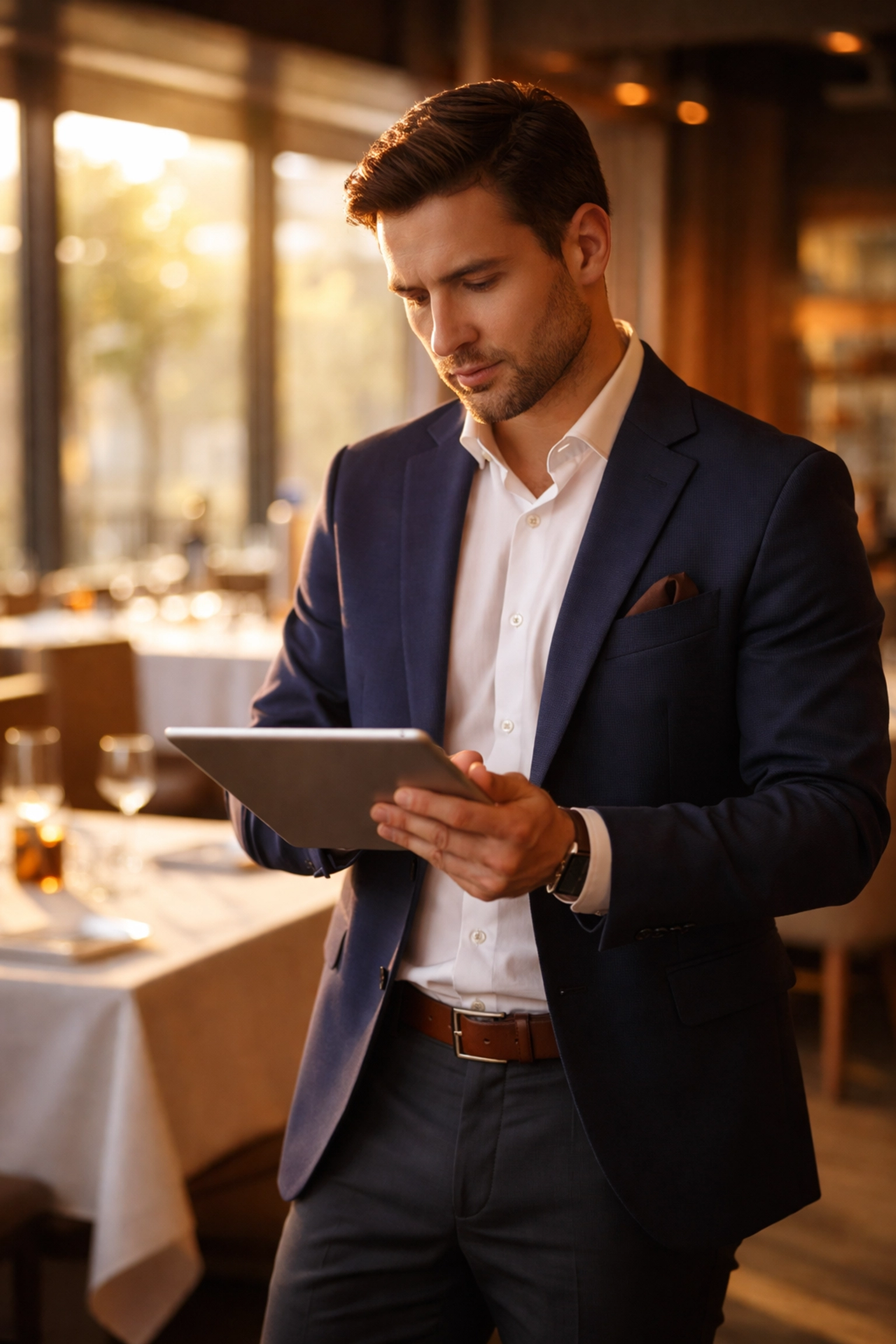 Restaurant manager analyzes financial reports in a well-lit dining room, illustrating margin protection strategies.