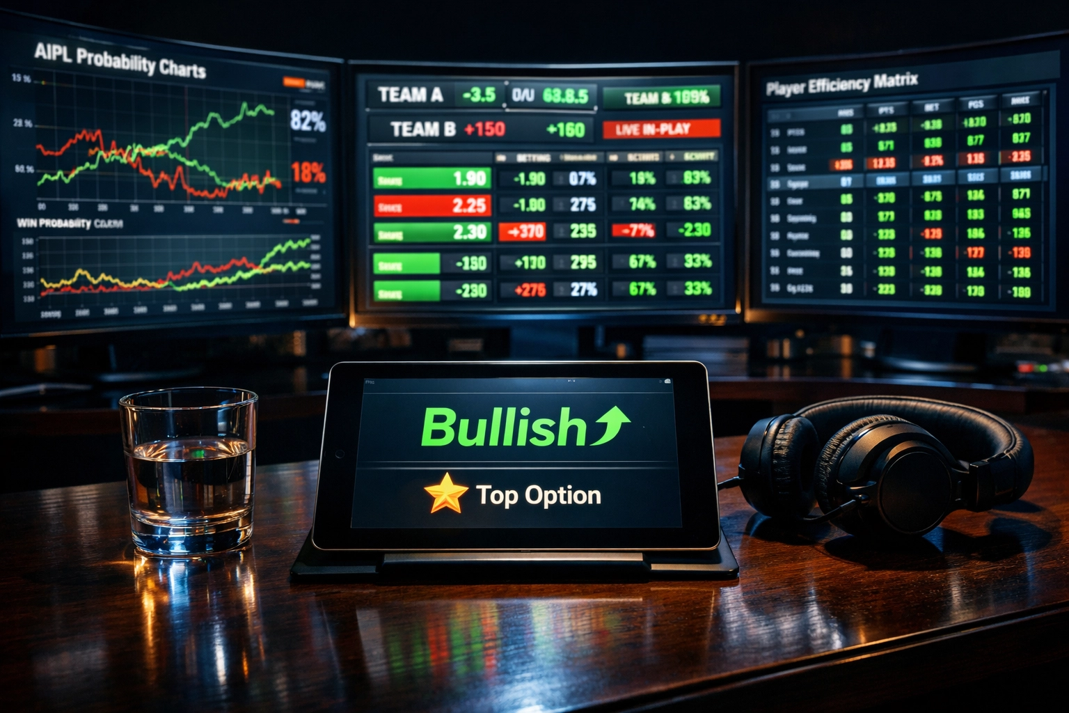 Sports betting dashboard with AIPL probability charts and 80 percent club trend reports.