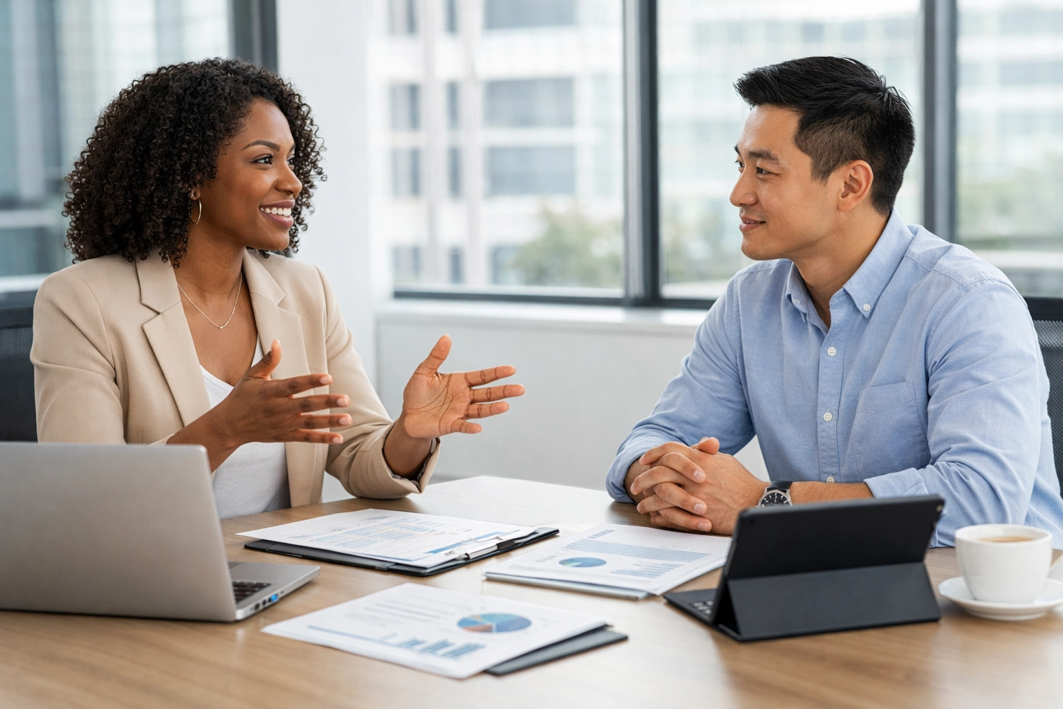 Professional carrier rate negotiation meeting between trucking business partners