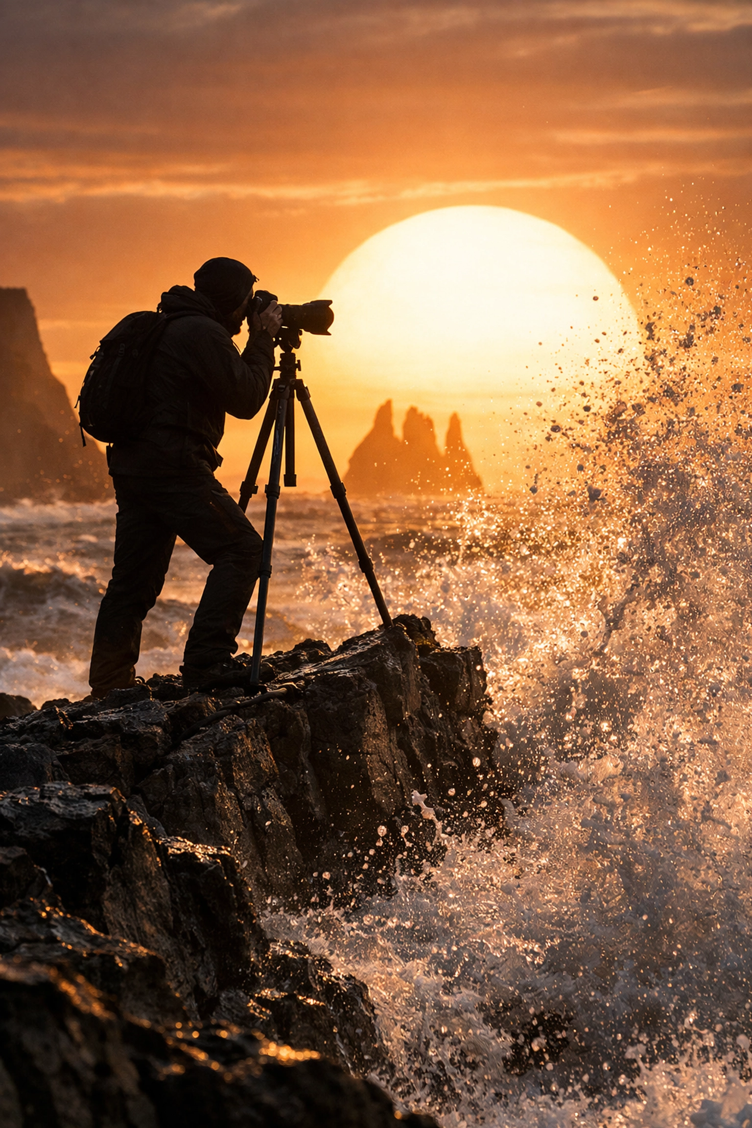 Professional photographer capturing an ocean sunrise on a cliff for advanced photography tutorials.