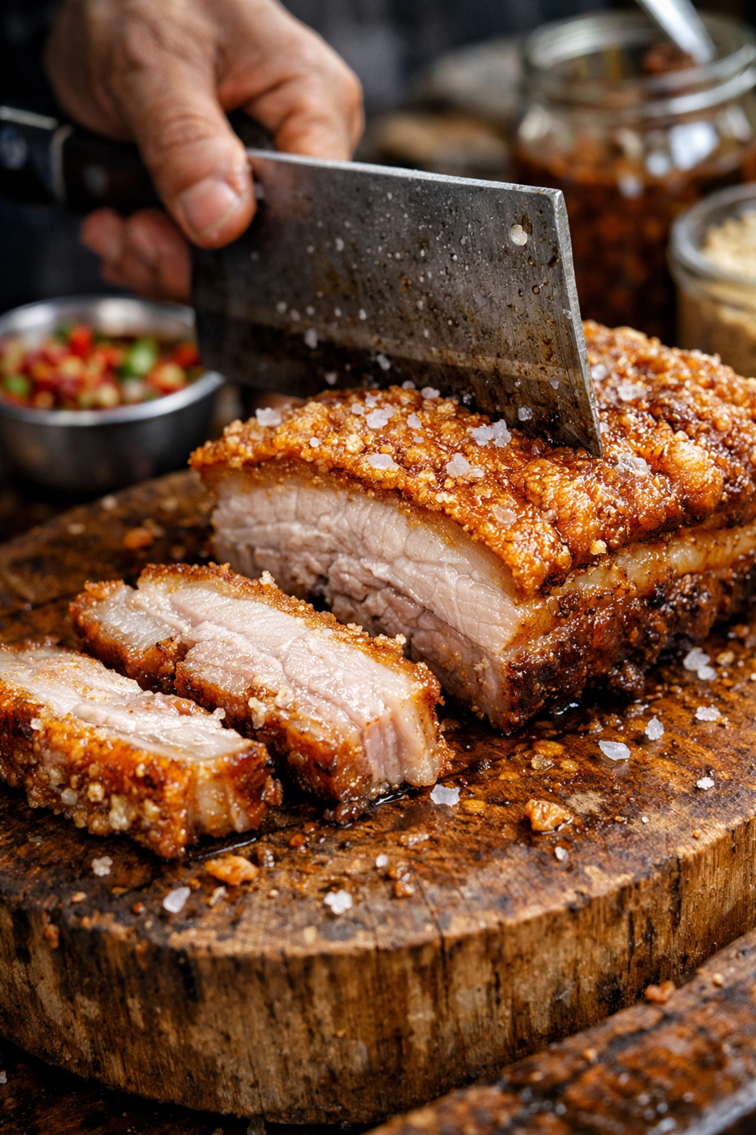 Sliced crispy pork belly (Mu Krop) at a street vendor stall, one of the best cheap eats in Thailand.