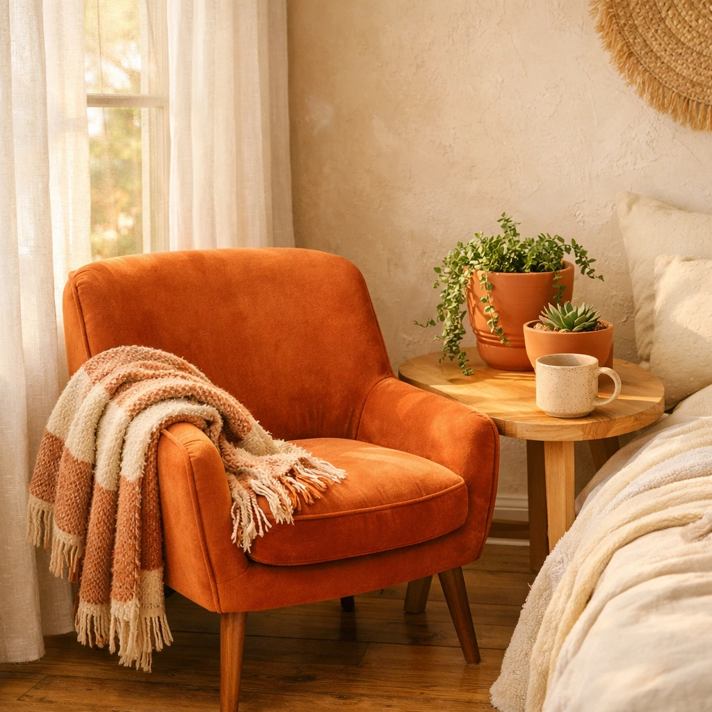 Persimmon orange accent chair in boho bedroom with handwoven throw and terracotta planters