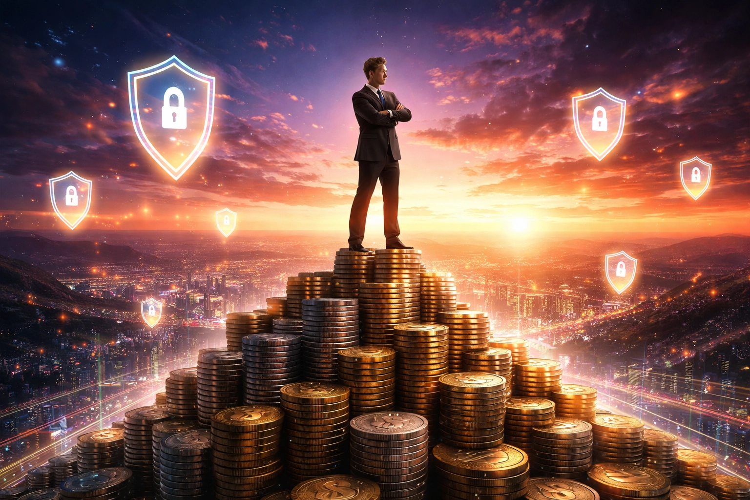 A confident merchant atop a mountain of coins, protected by digital shields, represents financial sovereignty.