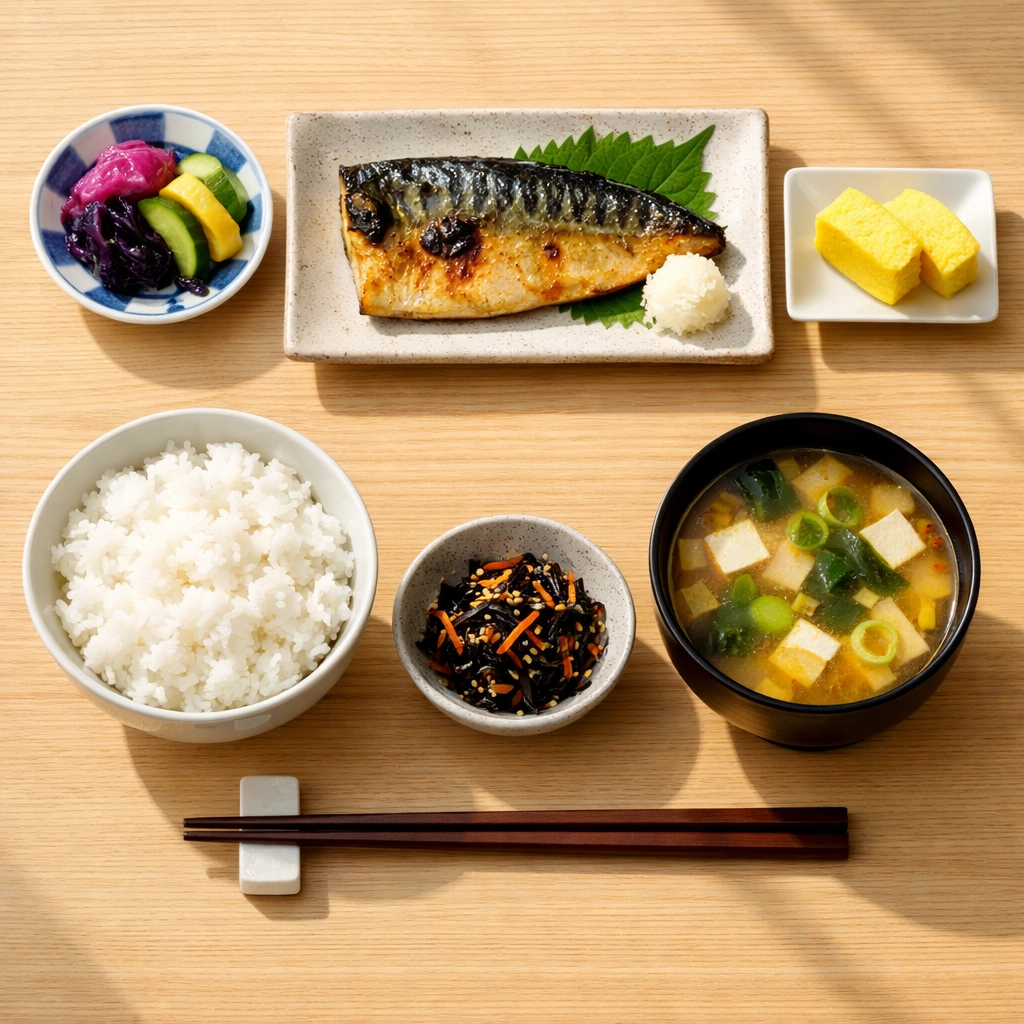 Overhead flat lay of a traditional Japanese Teishoku set meal with grilled fish and miso soup.