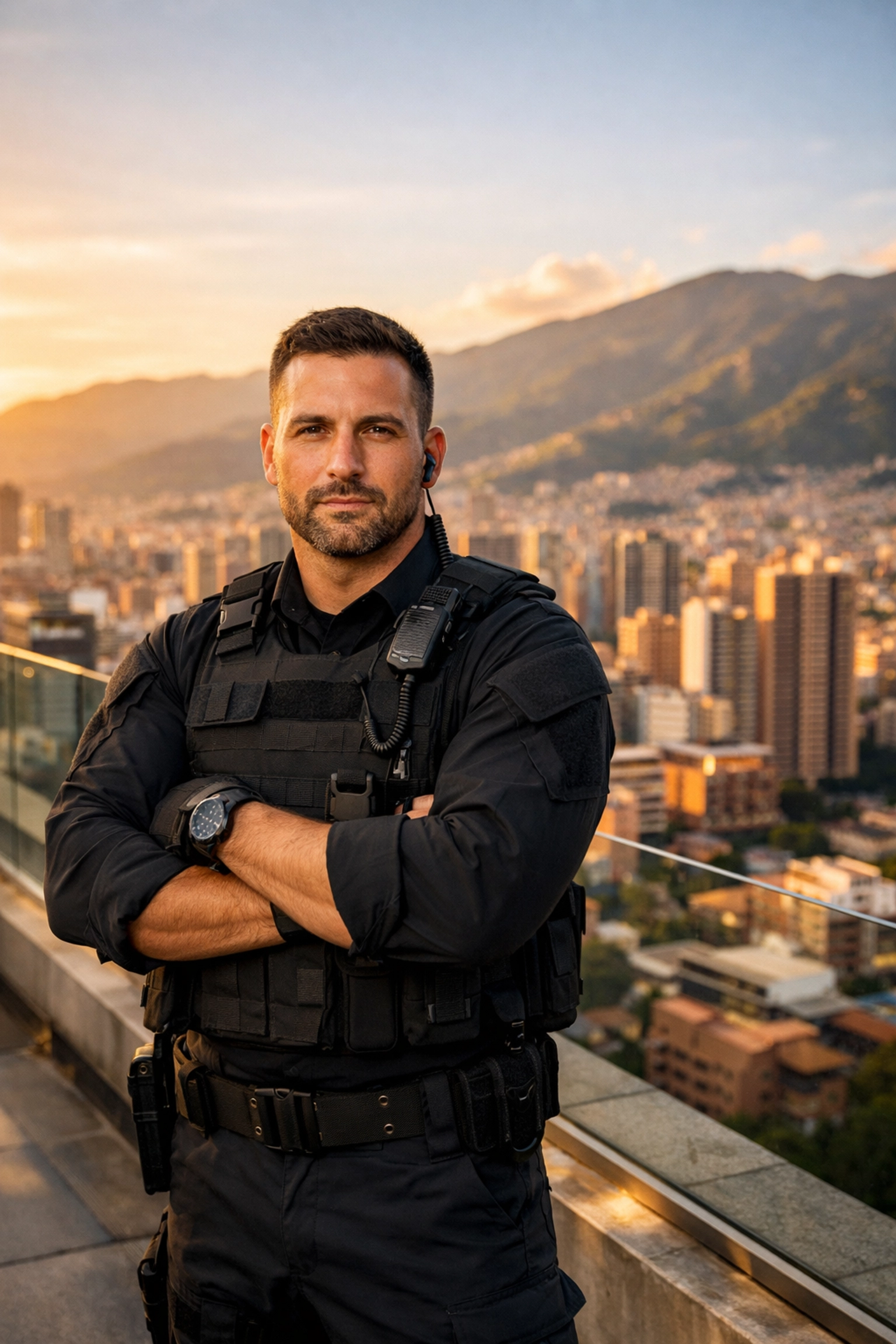 Private security professional monitoring Medellin cityscape and mountains