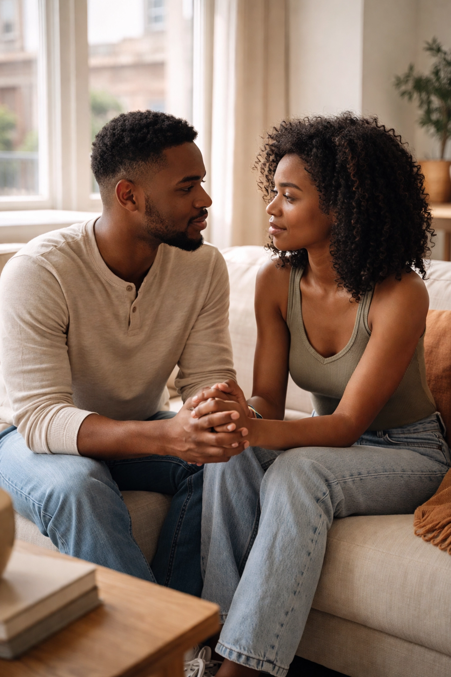 Young Black couple practicing emotional openness and vulnerability together in a minimalist urban home