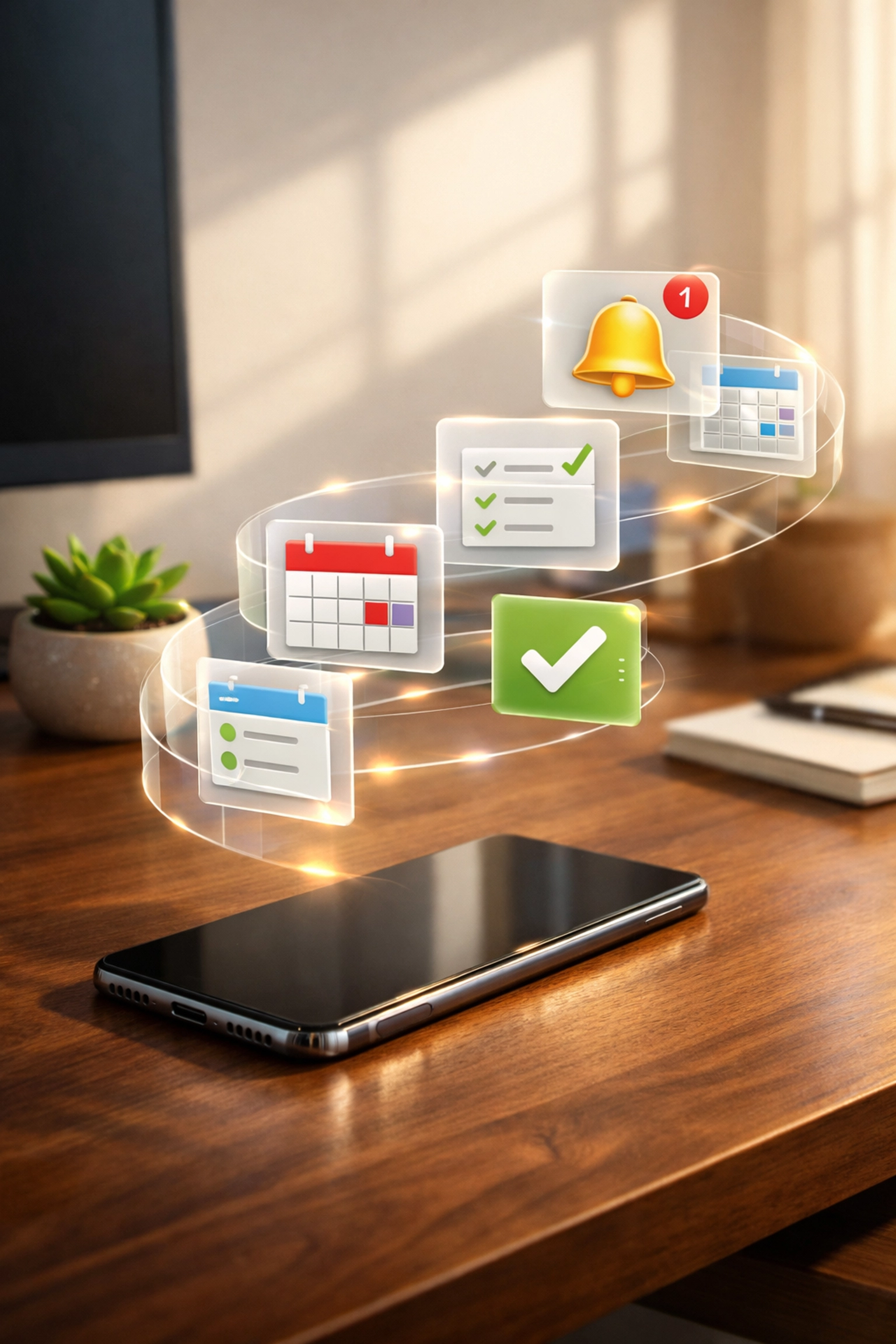 Digital task management icons floating over a desk representing organized workflow.