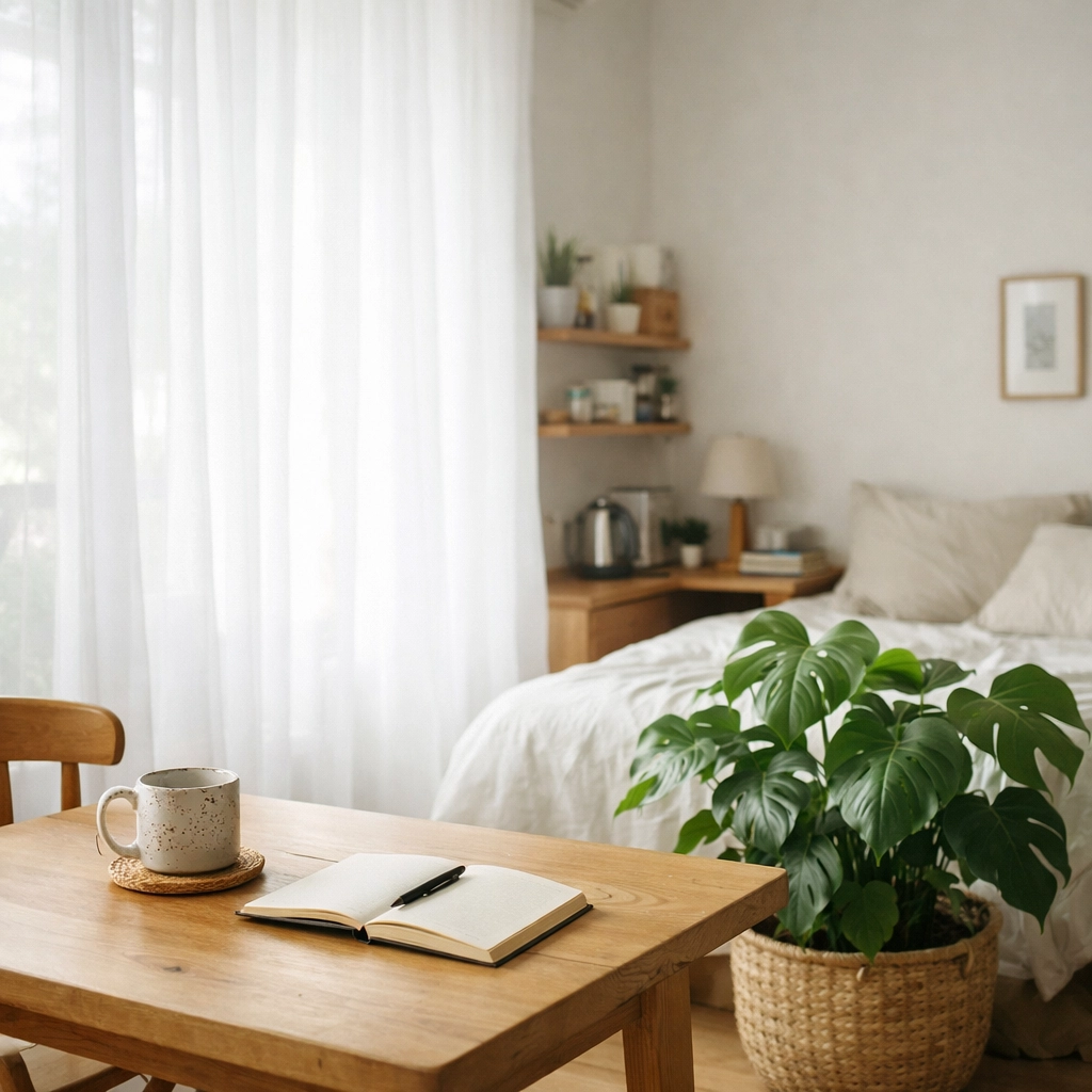 Soft natural light diffused through a window curtain in a minimalist home studio photography setup.