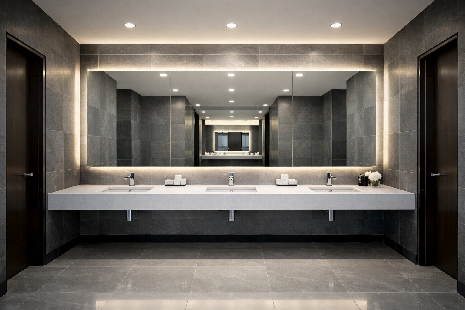 Modern, clean commercial restroom in a metropolitan office building for professional property management.