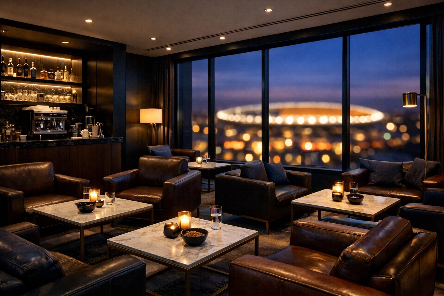 Exclusive executive networking lounge with a stadium view for Super Bowl corporate hospitality.