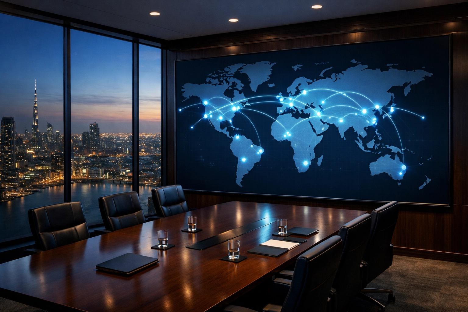 Global expansion strategy map on a digital boardroom display representing international growth.