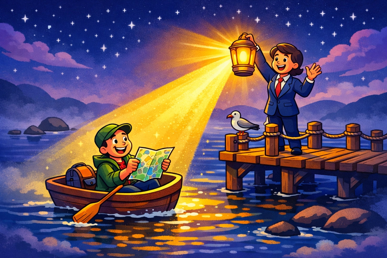 A business owner guiding a customer boat with a lantern, illustrating improved online visibility for SMEs.