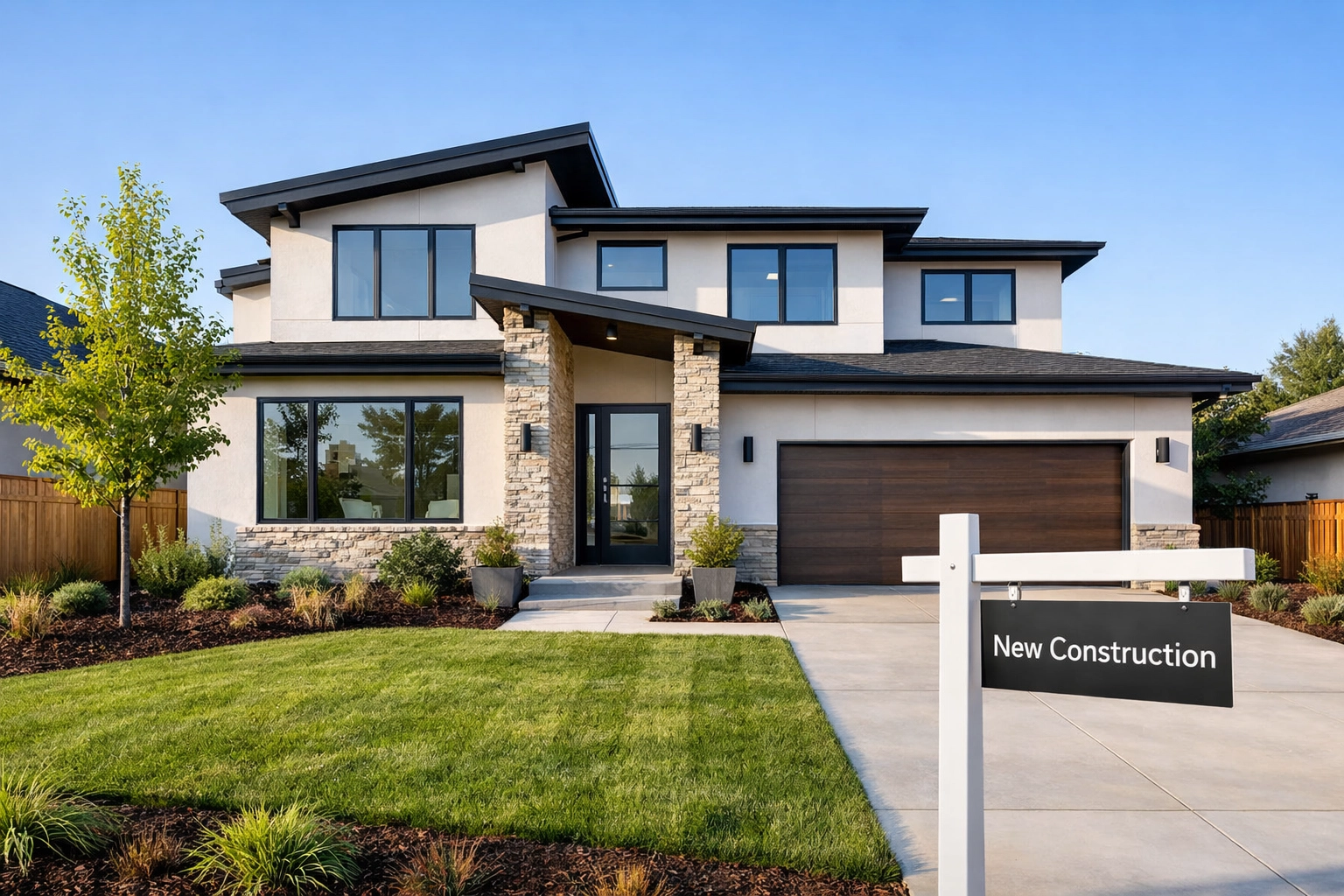 New construction home in Houston with contemporary architecture and professionally landscaped yard