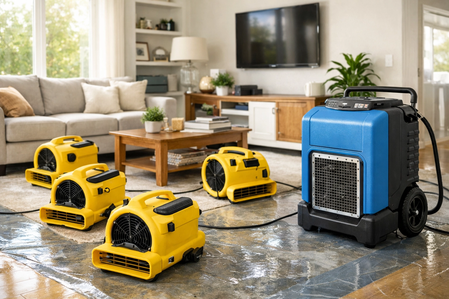 Industrial air movers and dehumidifiers drying a home during professional water damage restoration.