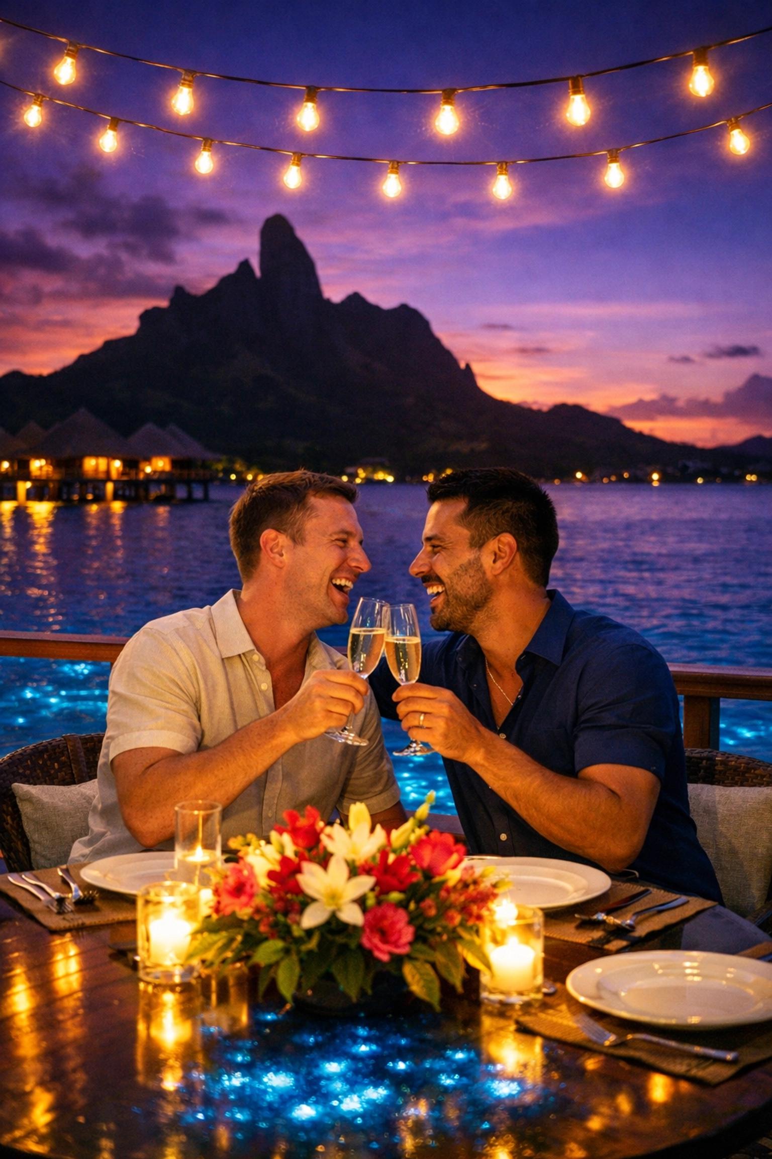Gay couple celebrating with champagne on Bora Bora overwater deck at twilight