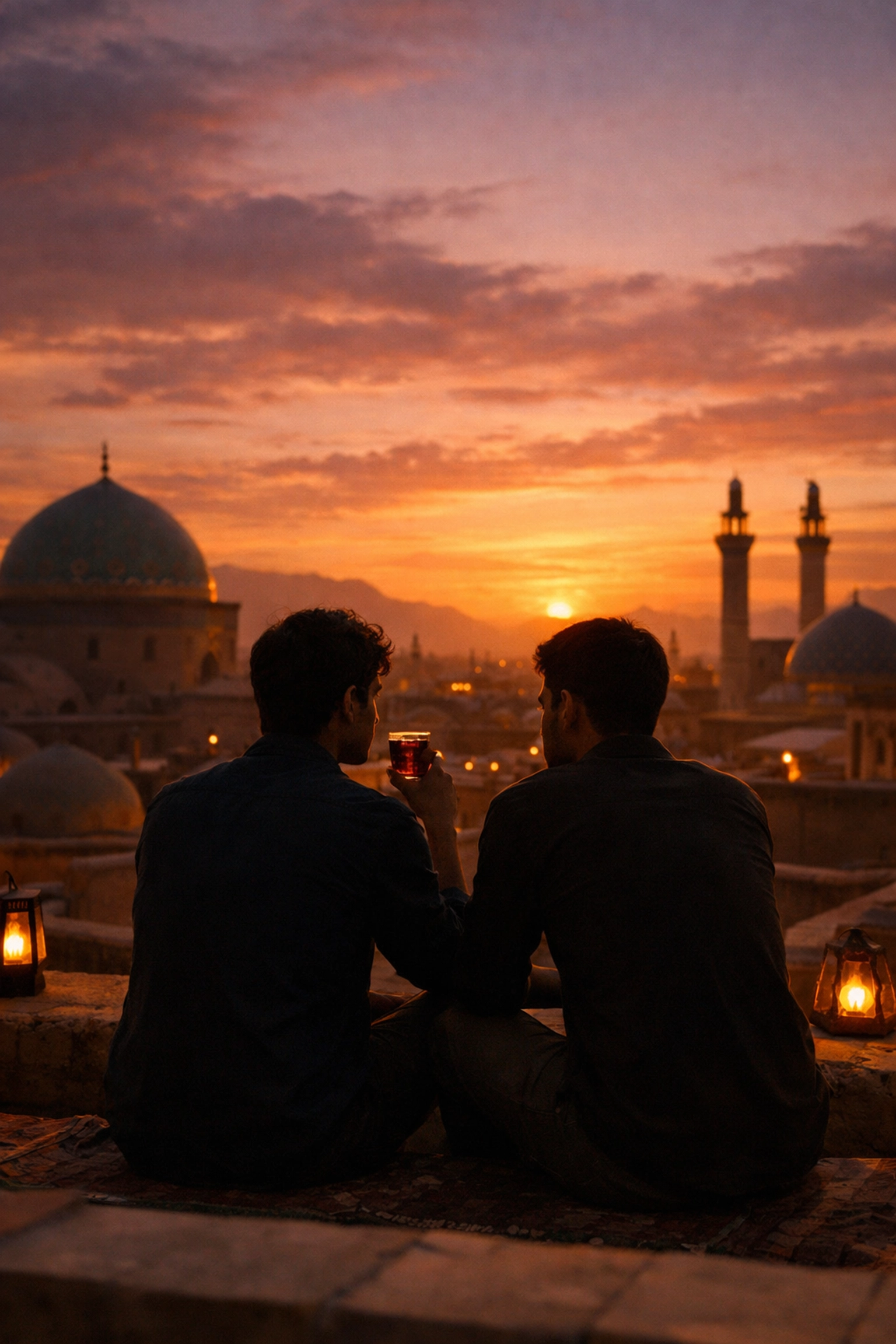 Two men sharing sunset moment on rooftop in Shiraz, embodying slow burn MM romance tradition