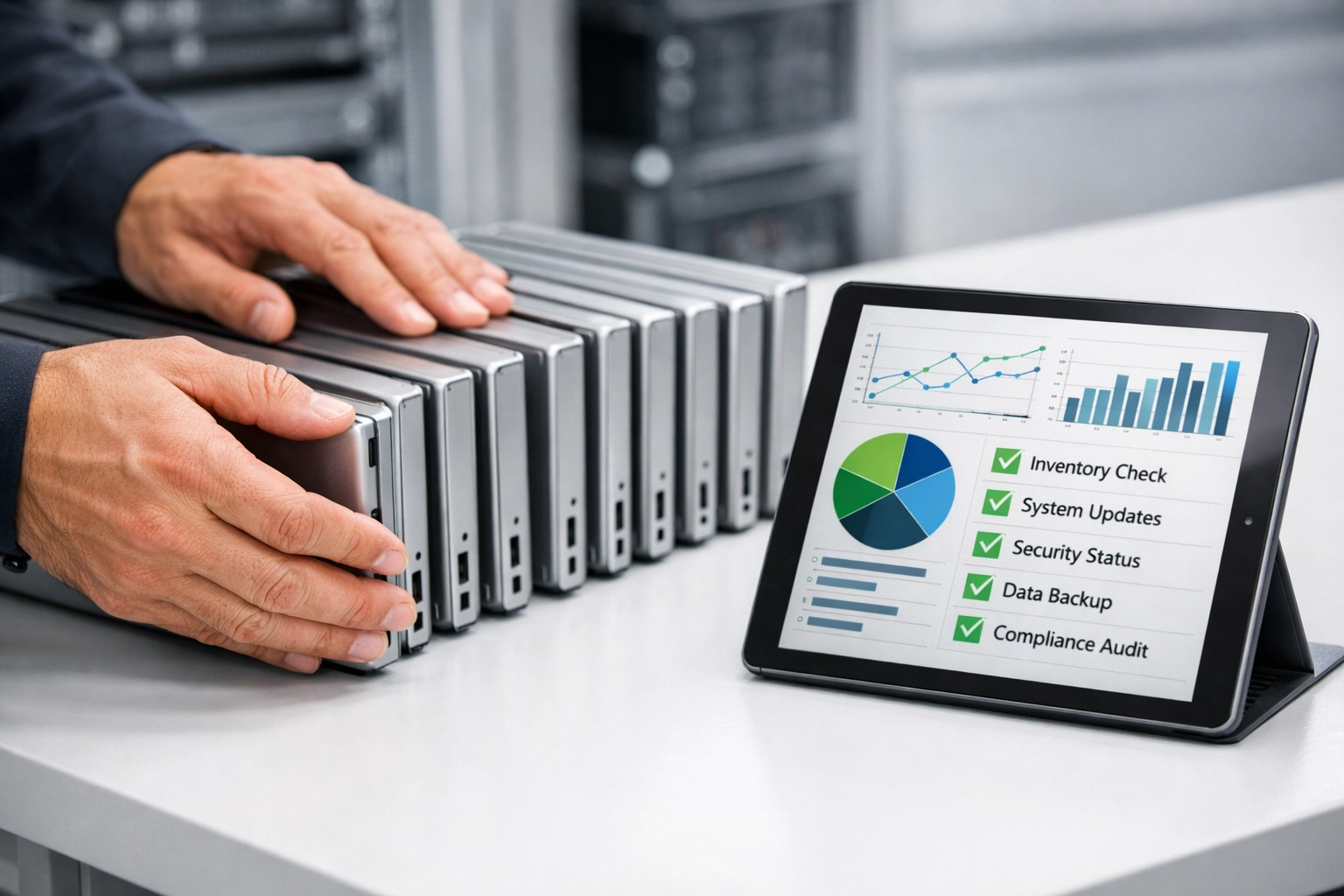 Technician managing enterprise laptops to optimize ServiceNow ITAM and reduce software license costs.