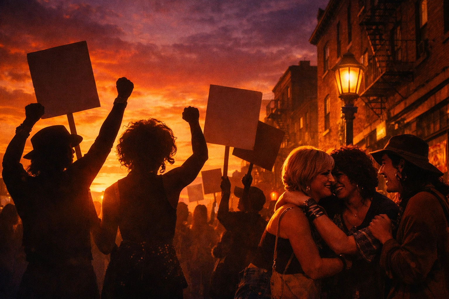 Marsha P Johnson and Sylvia Rivera era trans activists protesting in 1970s Greenwich Village for LGBTQ rights