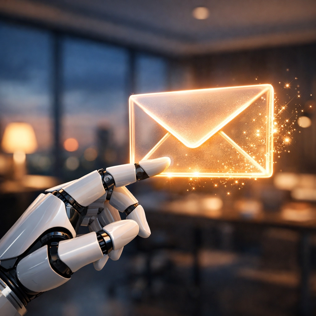 Robotic hand sending a digital message using marketing automation AI for lead follow-up sequences.