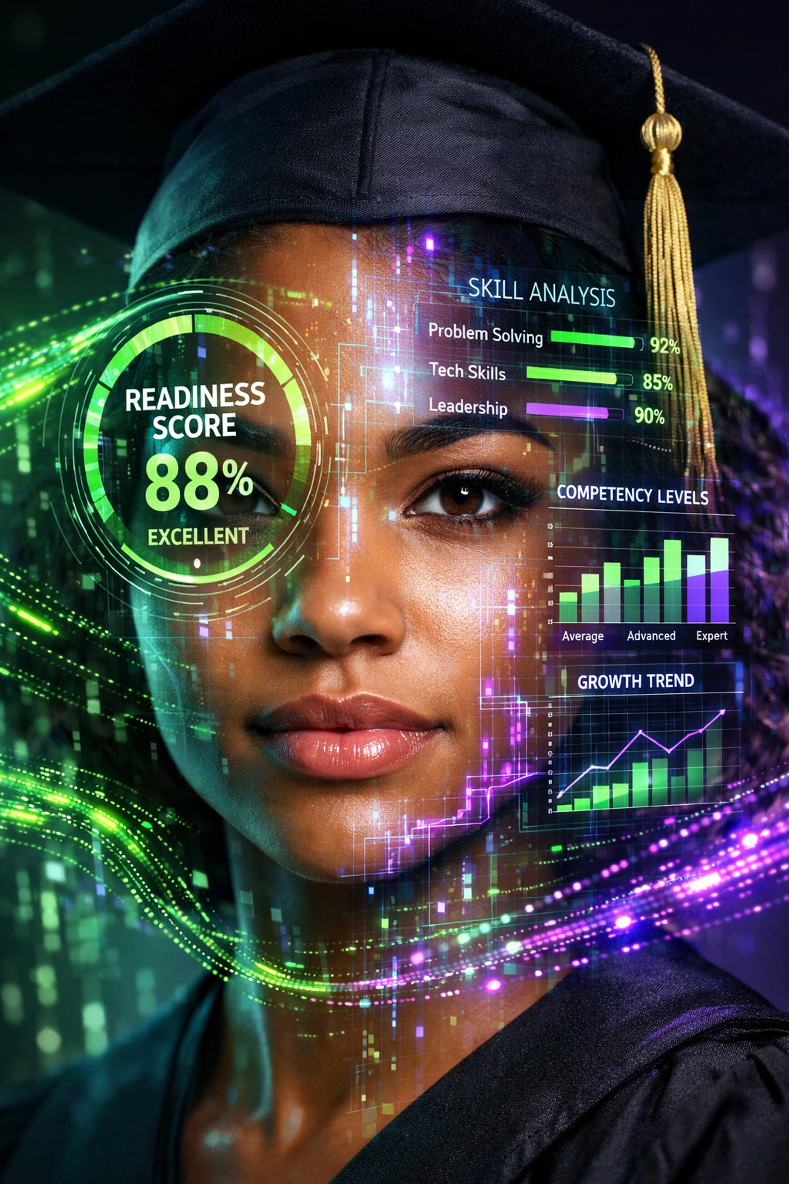 Graduate with AI-generated readiness score showing professional competency and skill evaluation