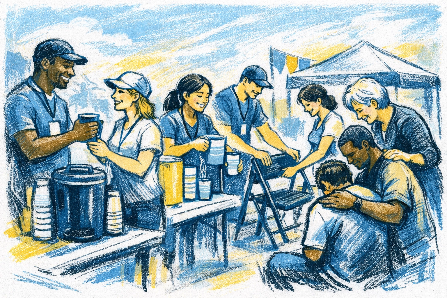 Volunteer team serving together