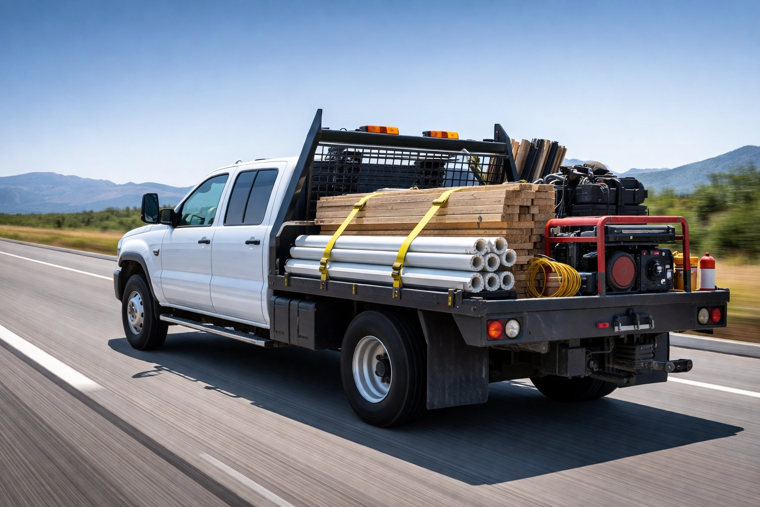 Contractor work truck transporting materials, representing the role of commercial auto insurance for contractors.