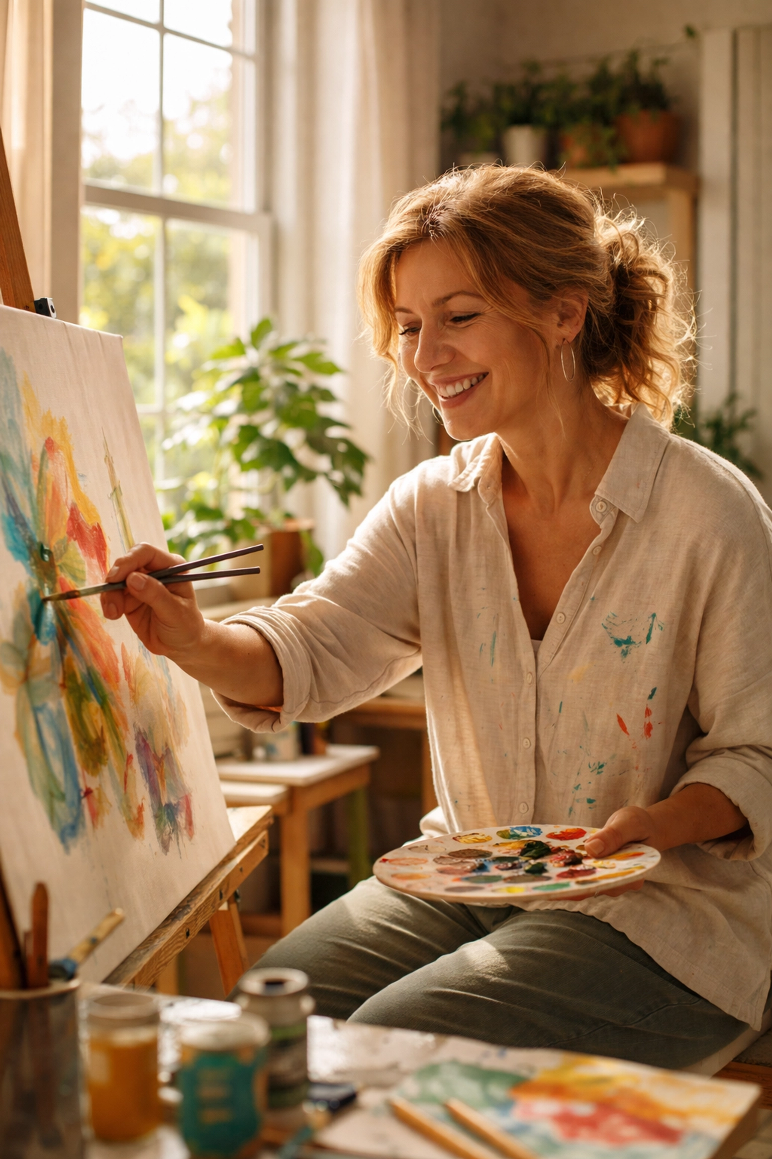 Female founder joyfully painting in bright home studio, illustrating rebuilding identity beyond the business
