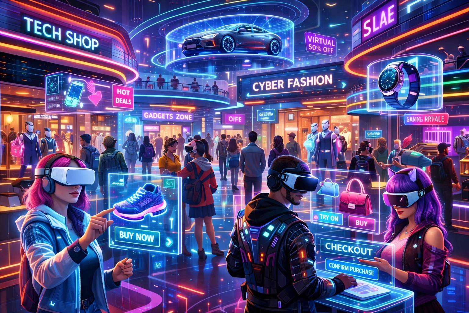 Metaverse shopping mall with VR and AR storefronts for virtual commerce