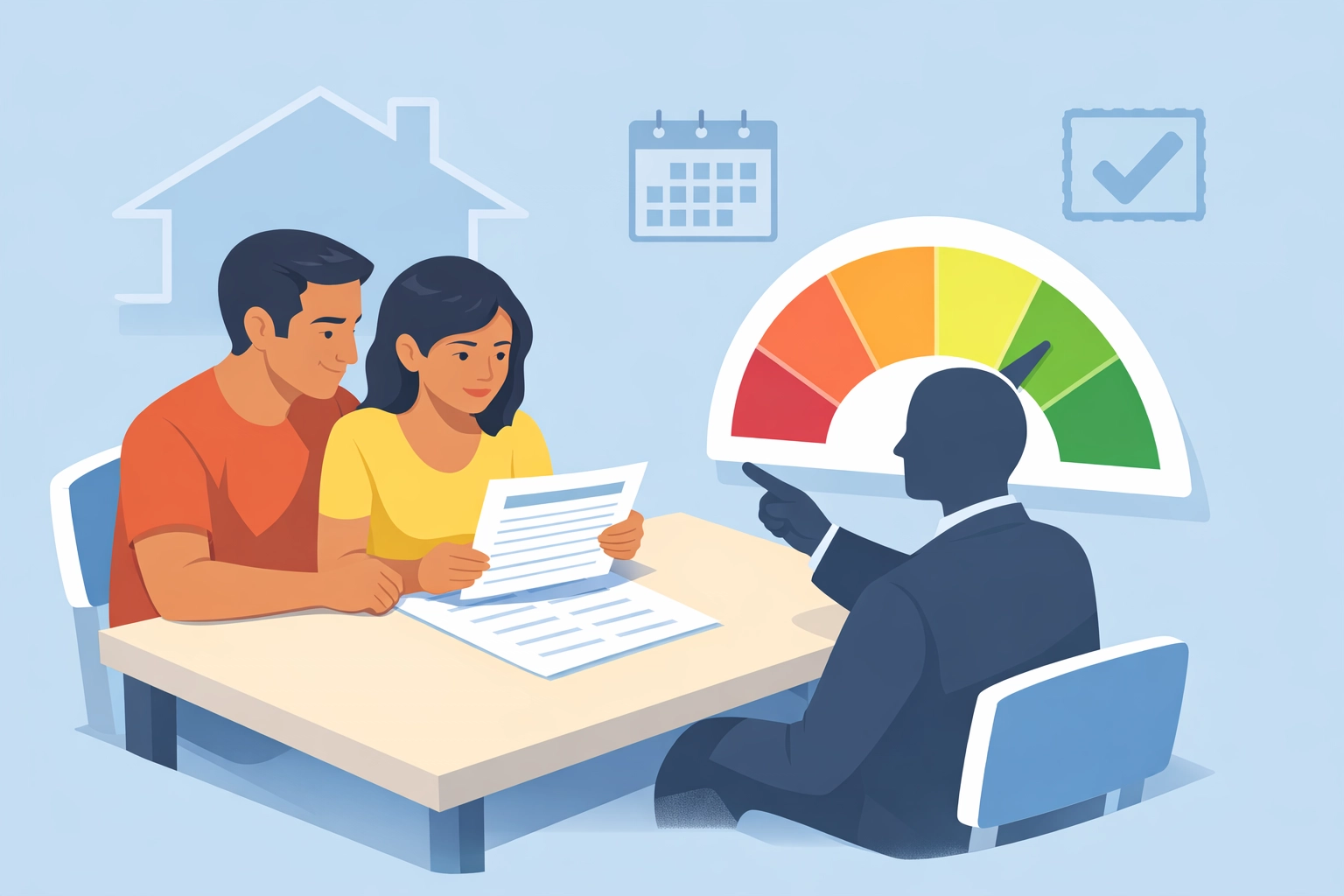 Pareja latina consultando su puntaje de crédito con un prestamista para comprar casa.