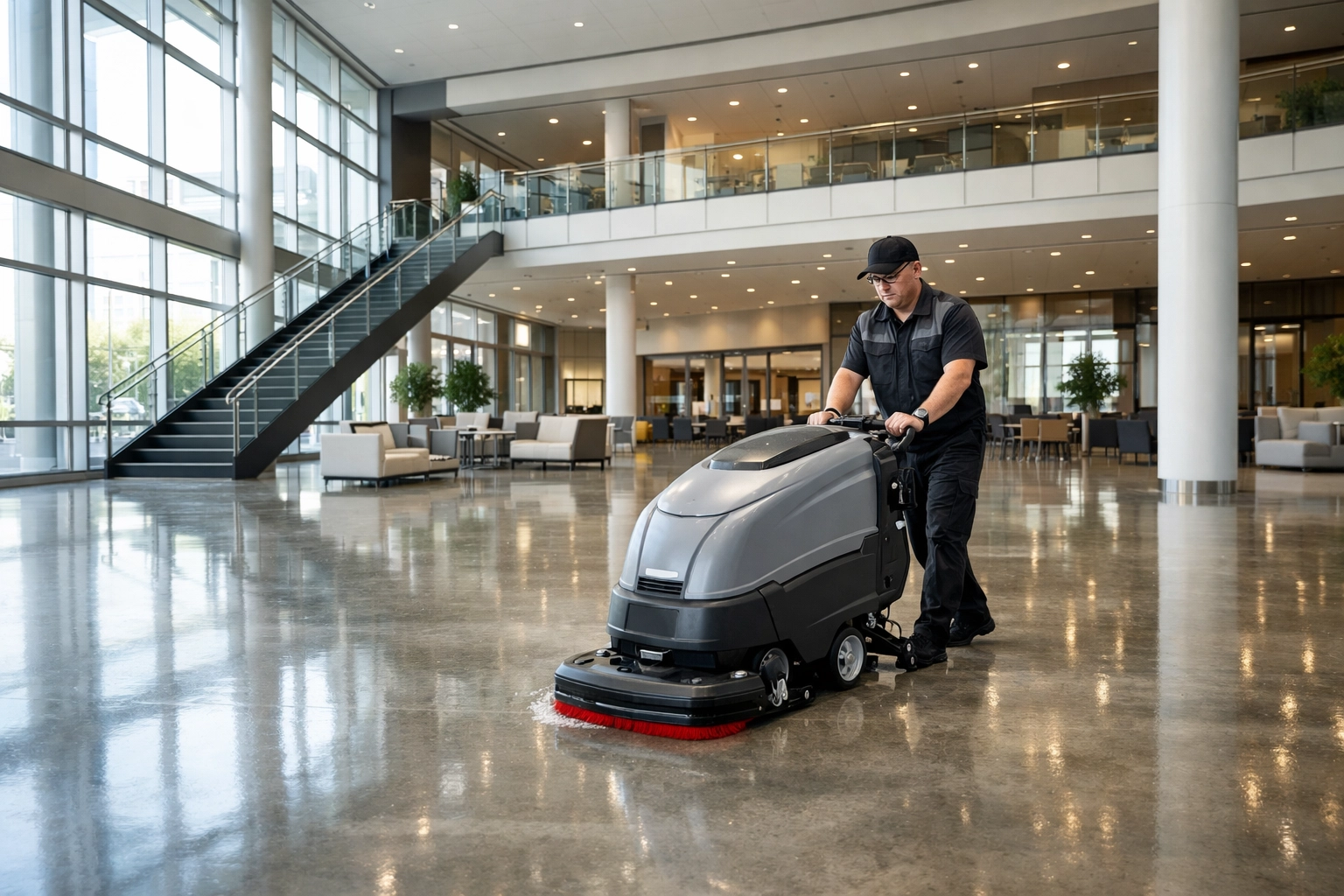 Professional cleaner operating a floor scrubber in a modern commercial office building.