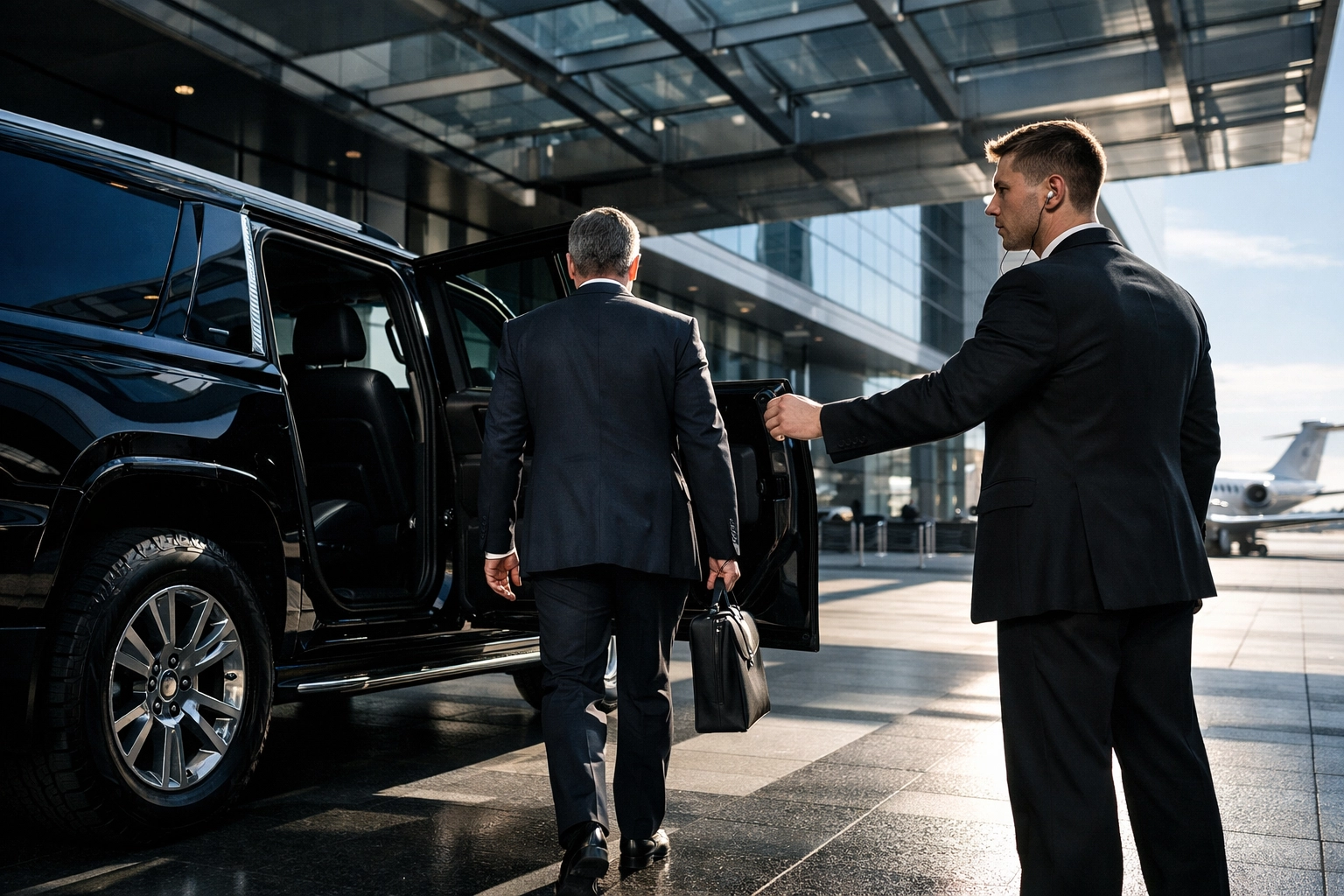 Professional security agent coordinating an airport pickup in Medellin with an armored executive vehicle.