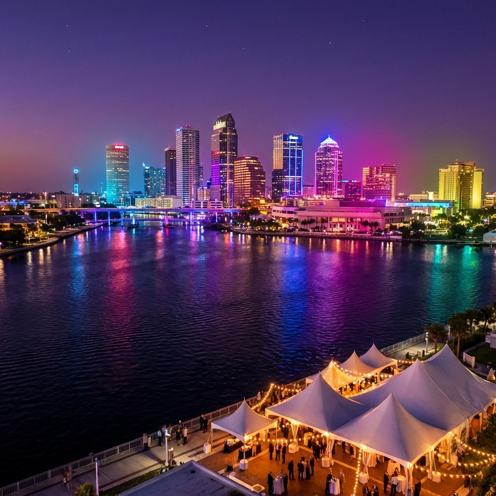 Aerial view of Tampa Bay waterfront at twilight with outdoor event setup, festive lighting, and city skyline backdrop.